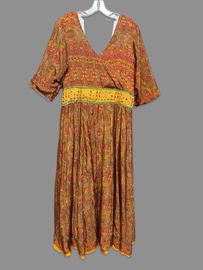 Bohemian Indian Silk Paisley V-Neck Flowy Maxi Dress Size L/XL